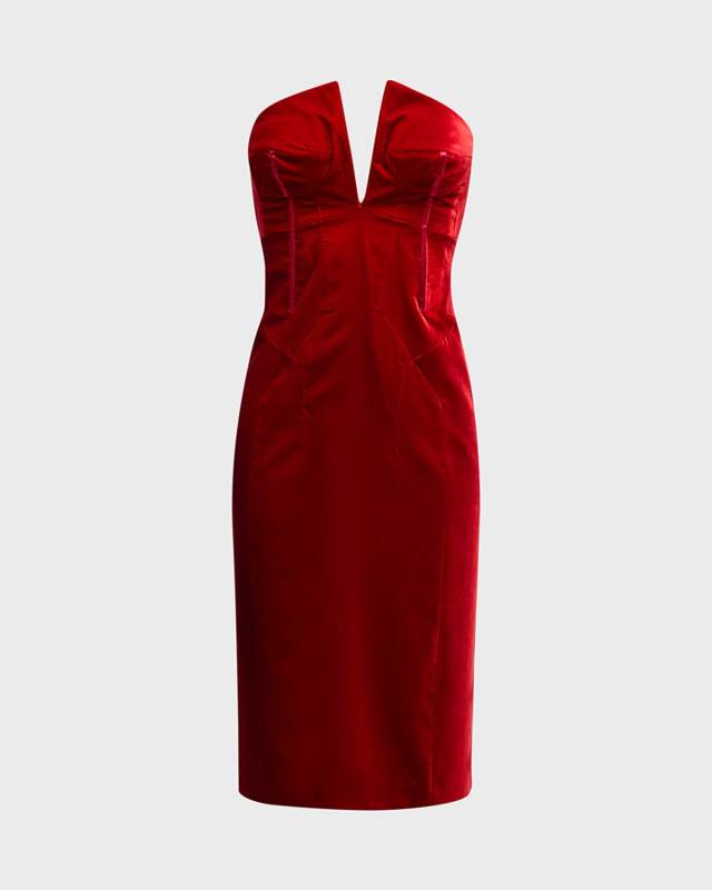 Sculpted Plunging Strapless Velvet Bustier Dress